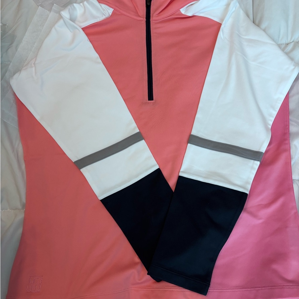 Large Kate Lord 1/4 Zip Pink and White Quarter-Zip Pullover